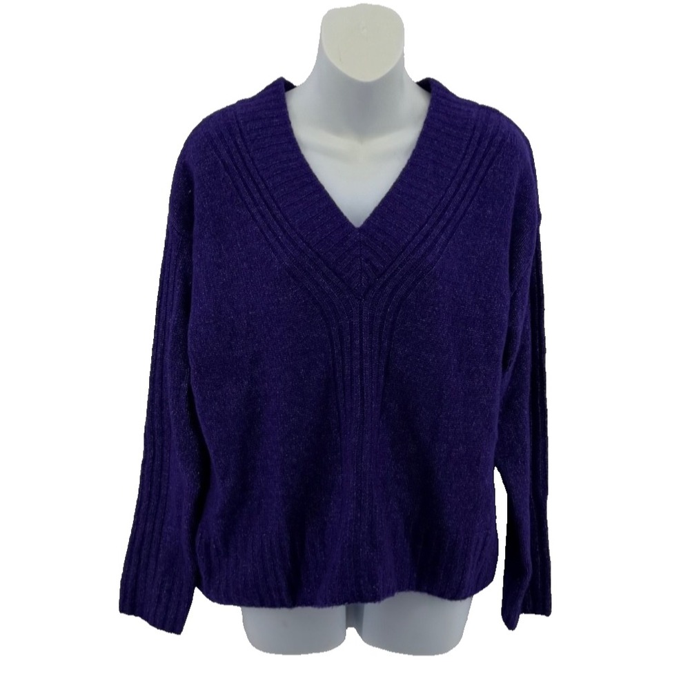 Talbots V Neck Sweater Women Medium Purple Wool Blend Rib Knit Pullover NWT